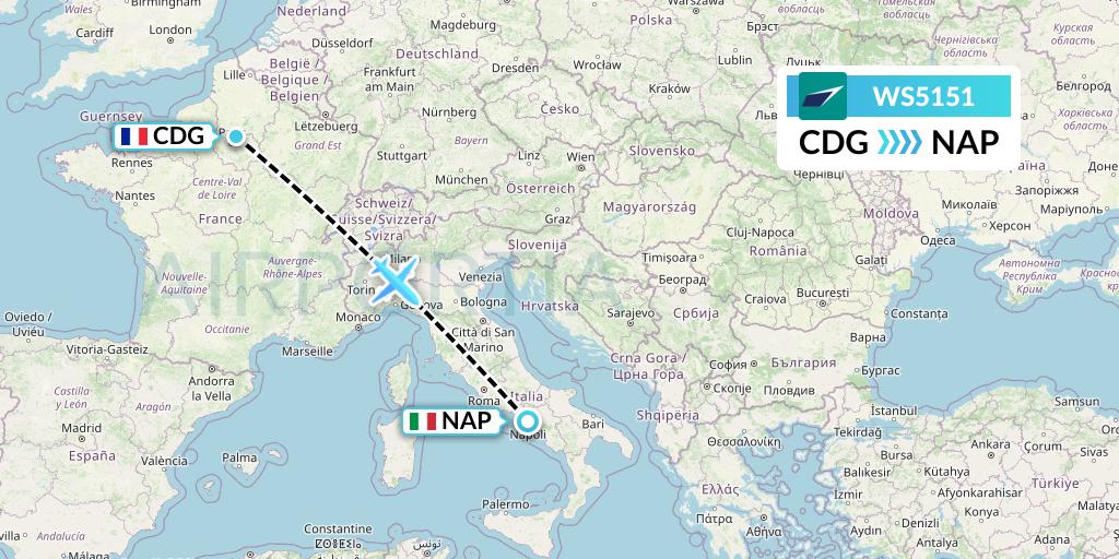 WS5151 WestJet Flight Map: Paris to Naples