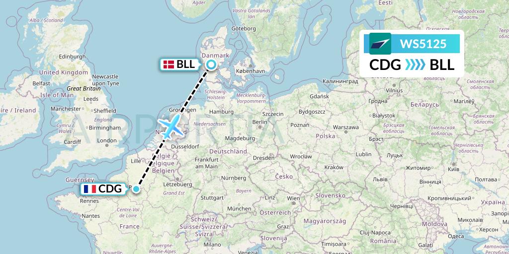 WS5125 WestJet Flight Map: Paris to Billund