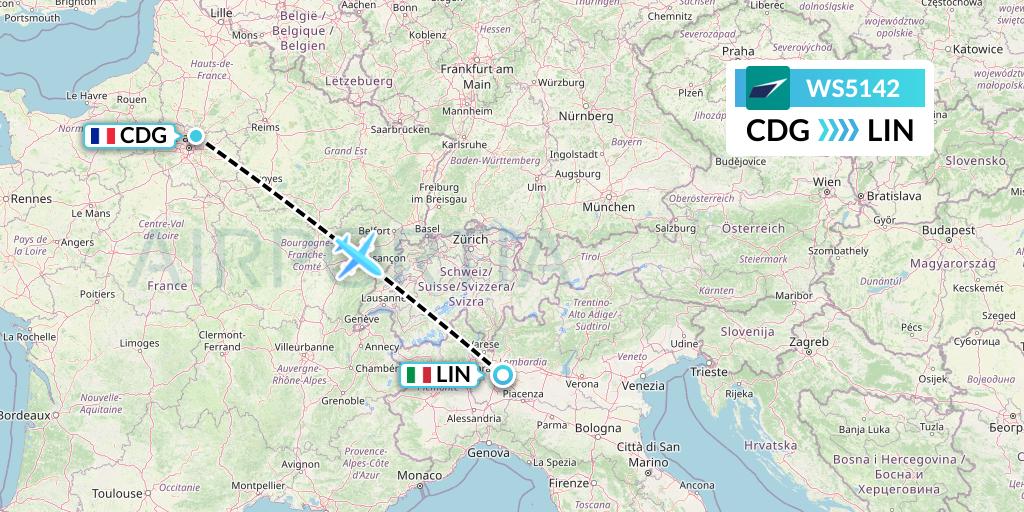 WS5142 WestJet Flight Map: Paris to Milan