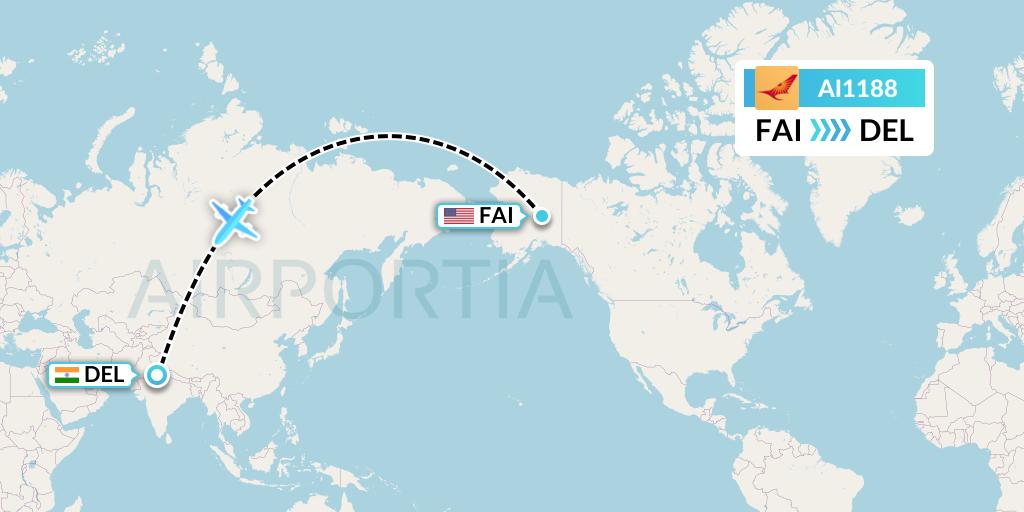 AI1188 Air India Flight Map: Fairbanks to Delhi