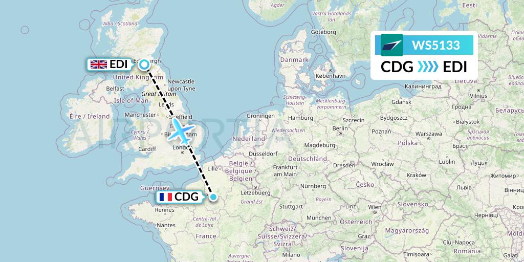WS5133 WestJet Flight Map: Paris to Edinburgh