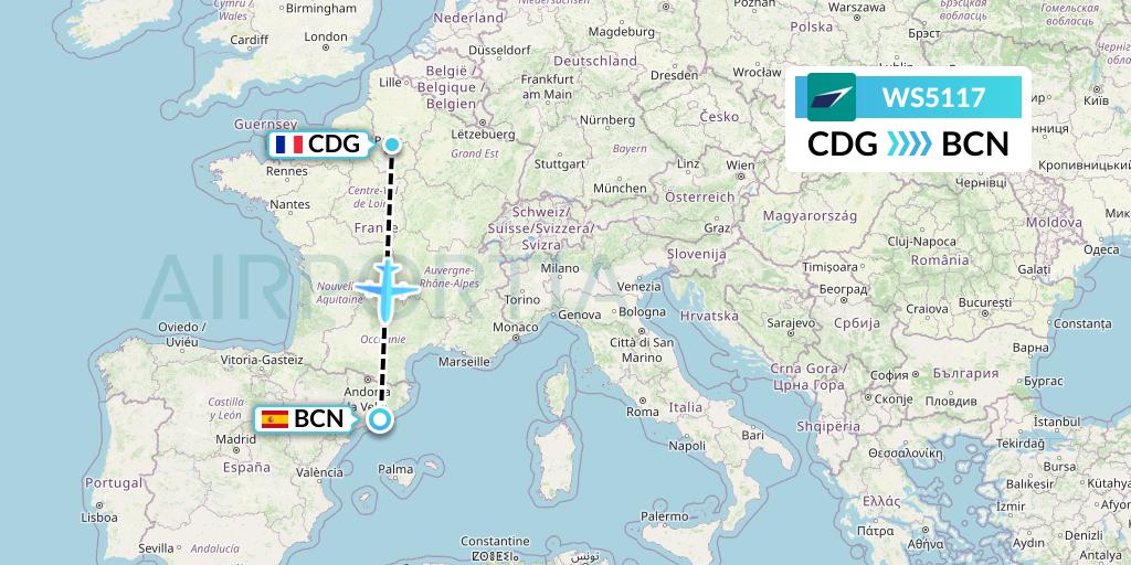 WS5117 WestJet Flight Map: Paris to Barcelona