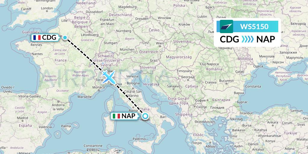 WS5150 WestJet Flight Map: Paris to Naples