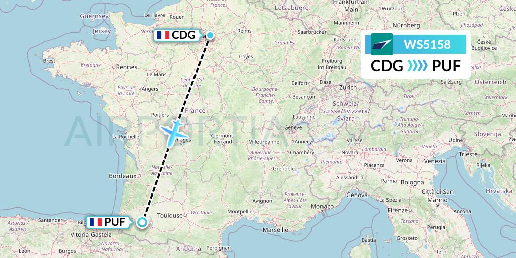 WS5158 WestJet Flight Map: Paris to Pau