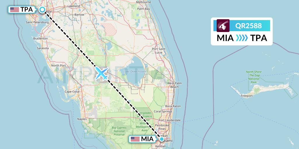 QR2588 Qatar Airways Flight Map: Miami to Tampa