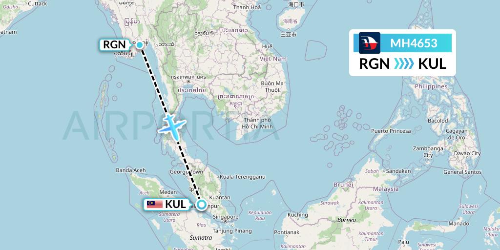MH4653 Malaysia Airlines Flight Map: Yangon to Kuala Lumpur