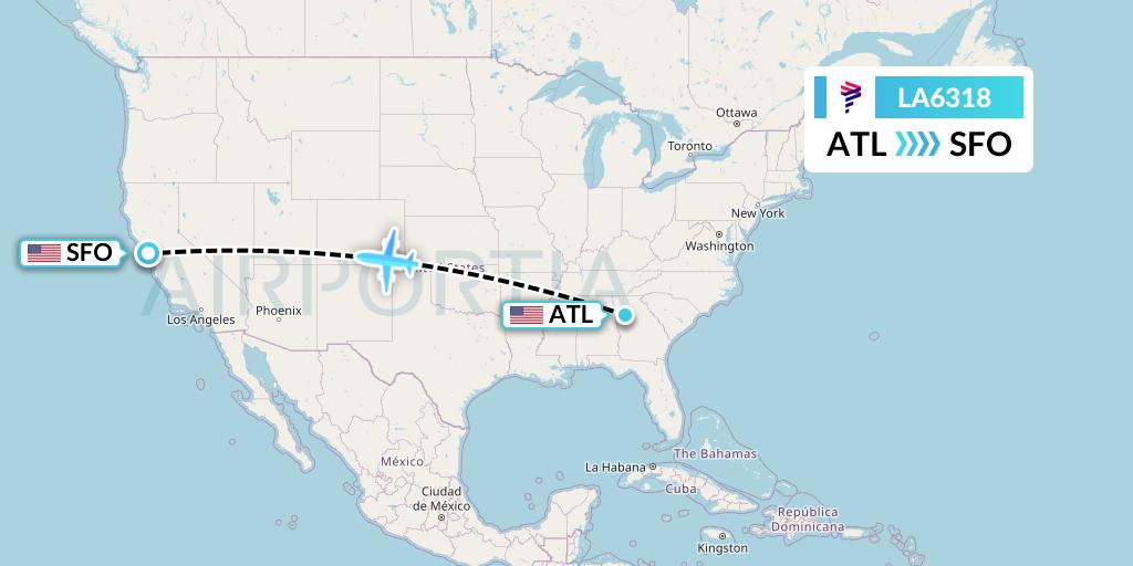 LA6318 LAN Airlines Flight Map: Atlanta to San Francisco
