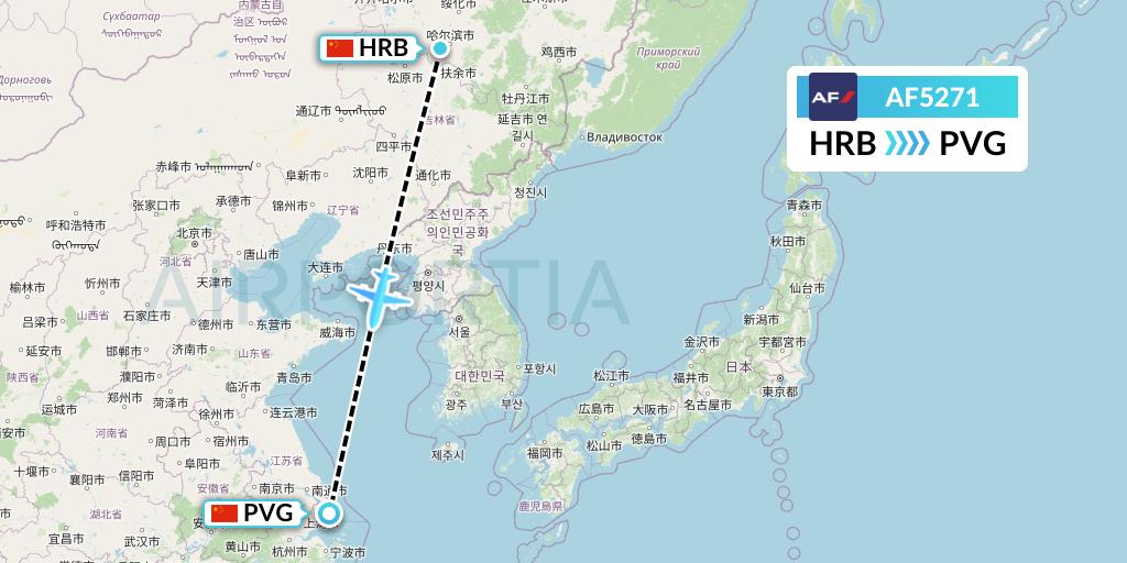 AF5271 Air France Flight Map: Harbin to Shanghai