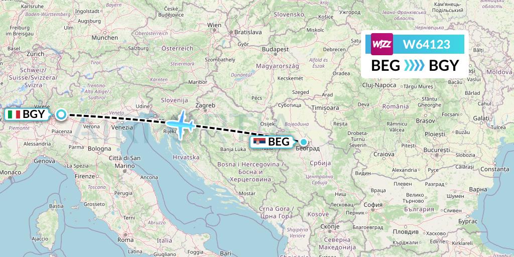W64123 Wizz Air Flight Map: Belgrade to Milan