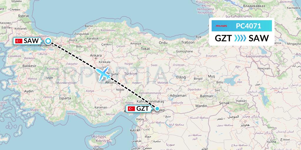 PC4071 Pegasus Airlines Flight Map: Gaziantep to Istanbul