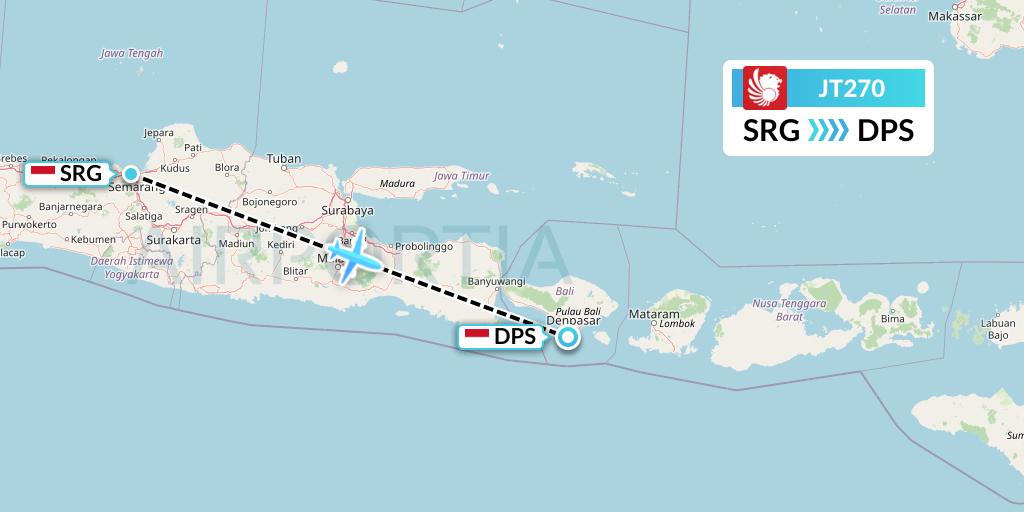 JT270 Lion Airlines Flight Map: Semarang to Denpasar
