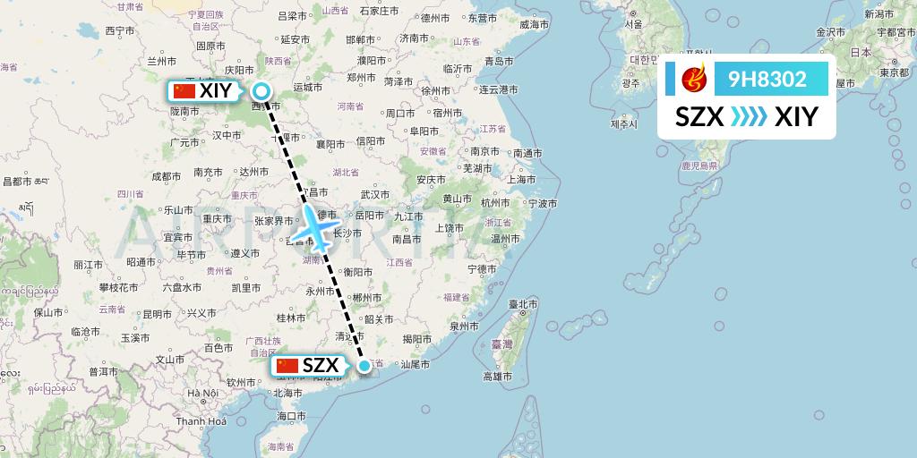 9H8302 Air Changan Flight Map: Shenzhen to Xi'an