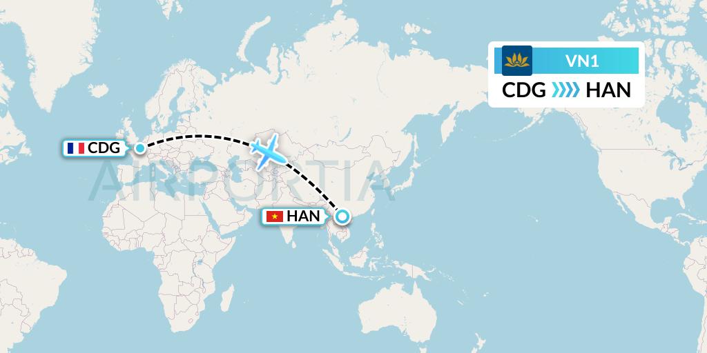 VN1 Vietnam Airlines Flight Map: Paris to Hanoi