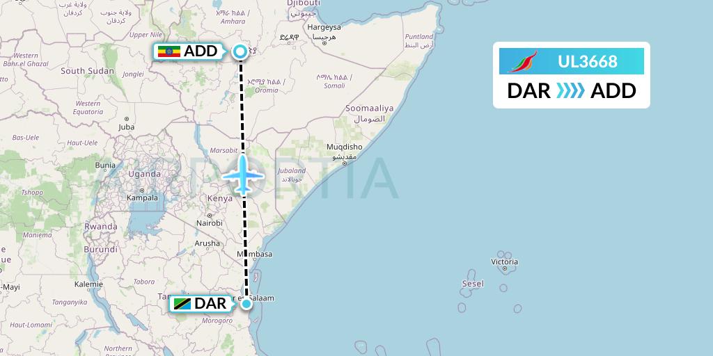 UL3668 SriLankan Airlines Flight Map: Dar-es-Salaam to Addis Ababa