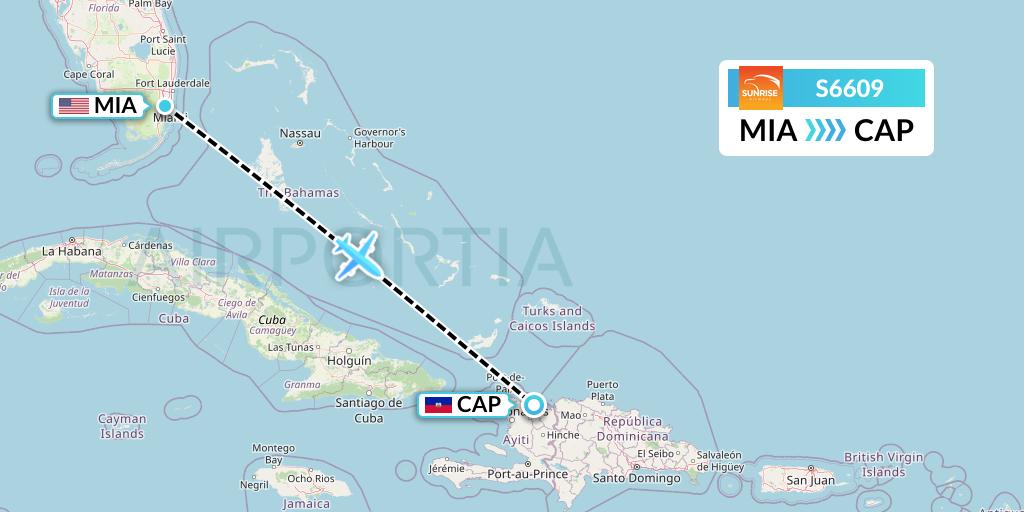 S6609 Sunrise Airways Flight Map: Miami to Cap-Haitien