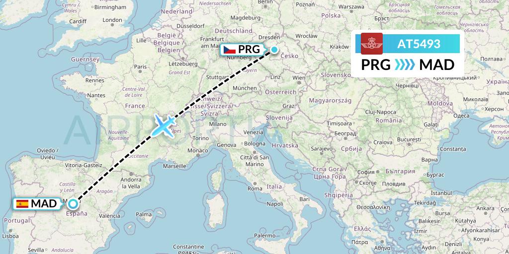 AT5493 Royal Air Maroc Flight Map: Prague to Madrid