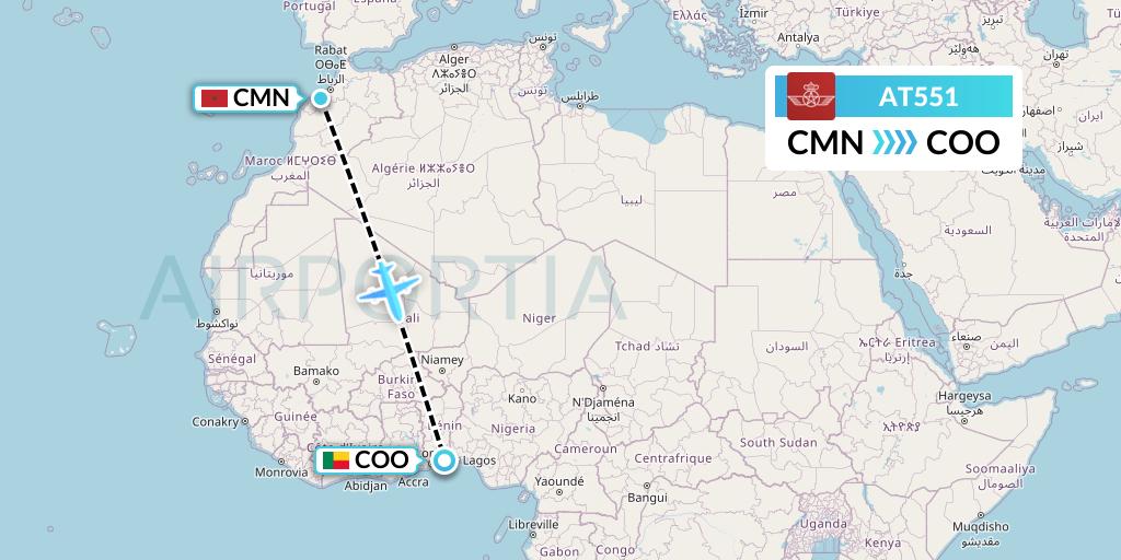AT551 Royal Air Maroc Flight Map: Casablanca to Cotonou