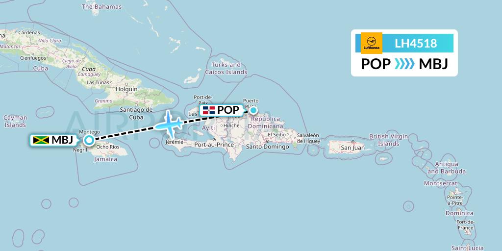 LH4518 Lufthansa Flight Map: Puerto Plata to Montego Bay