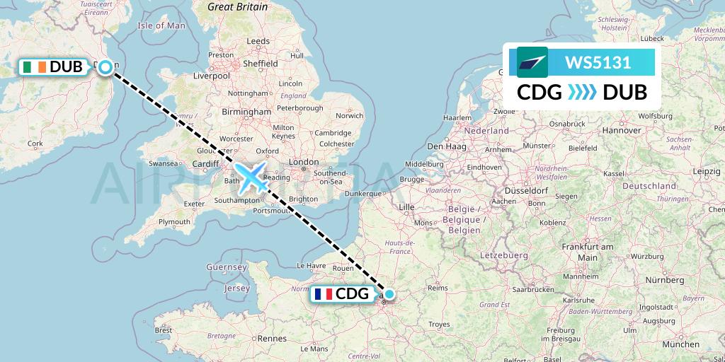 WS5131 WestJet Flight Map: Paris to Dublin