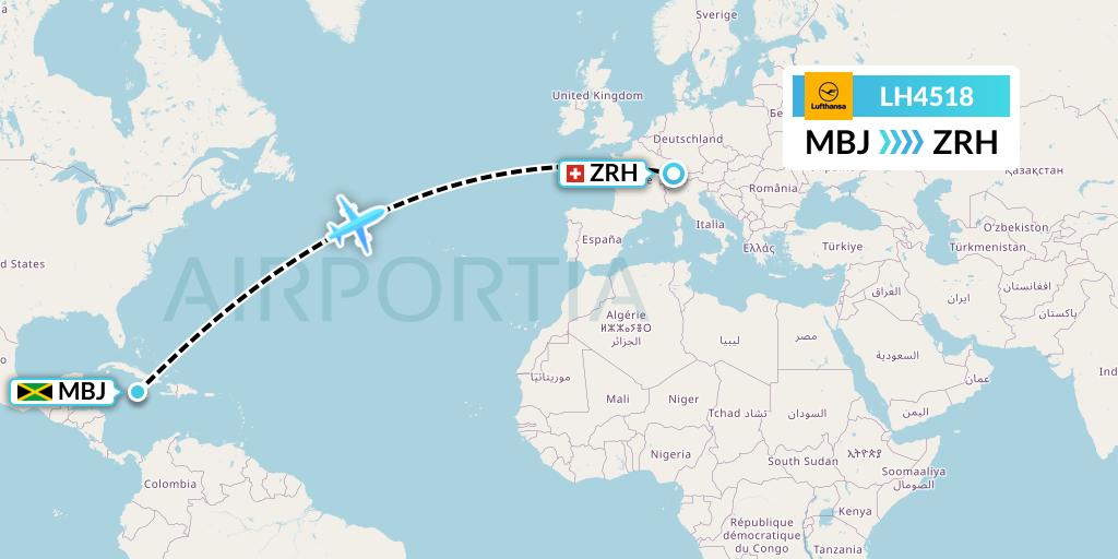 LH4518 Lufthansa Flight Map: Montego Bay to Zurich