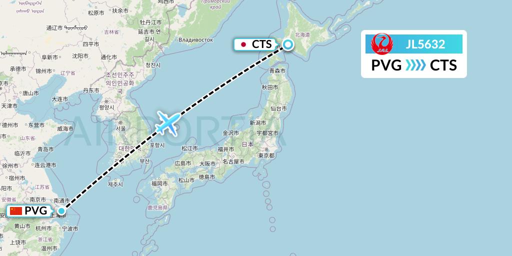 JL5632 Japan Airlines Flight Map: Shanghai to Sapporo