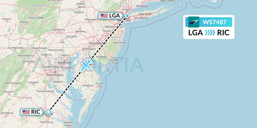 WS7487 WestJet Flight Map: New York to Richmond