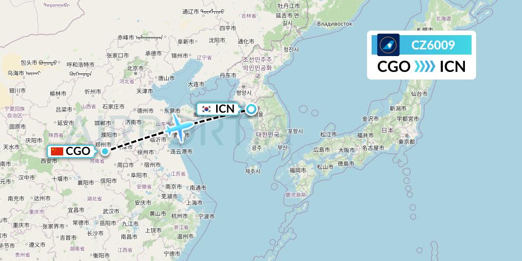 CZ6009 China Southern Airlines Flight Map: Zhengzhou to Seoul