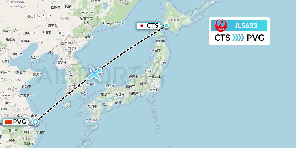 JL5633 Japan Airlines Flight Map: Sapporo to Shanghai