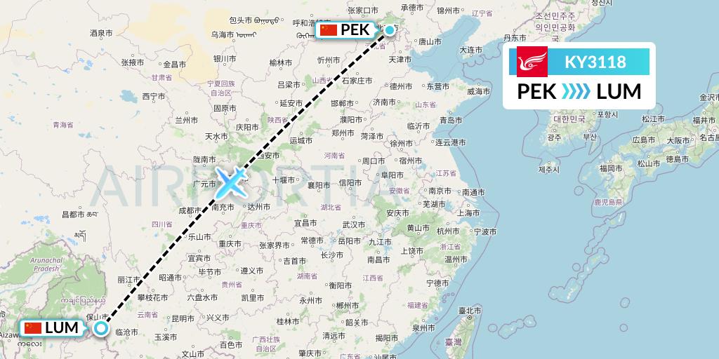 KY3118 Kunming Airlines Flight Map: Beijing to Mangshi
