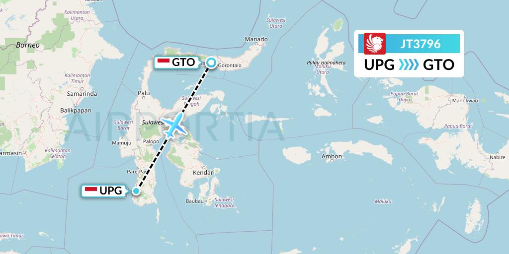 JT3796 Lion Airlines Flight Map: Makassar to Gorontalo
