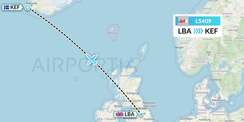 LS409 Jet2 Flight Map: Leeds to Reykjavik