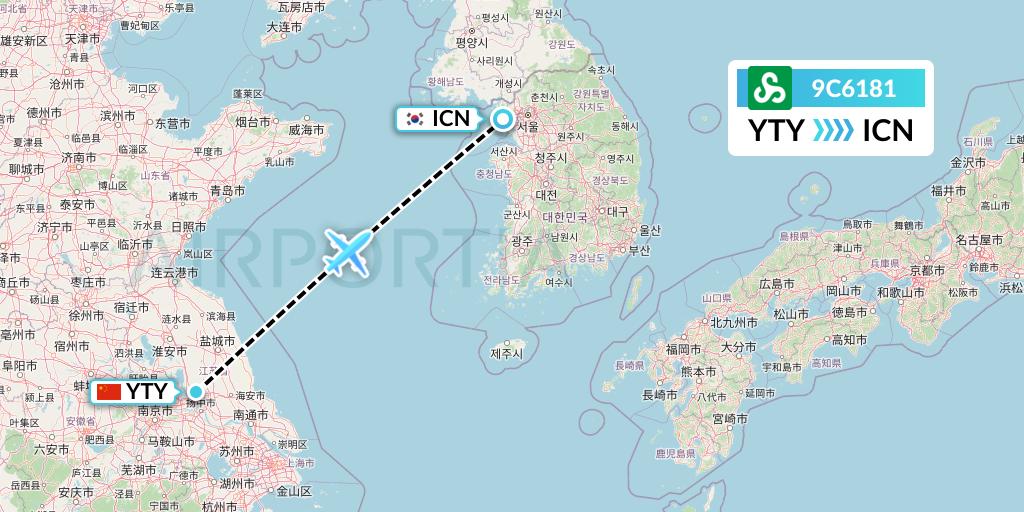 9C6181 Spring Airlines Flight Map: Yangzhou to Seoul