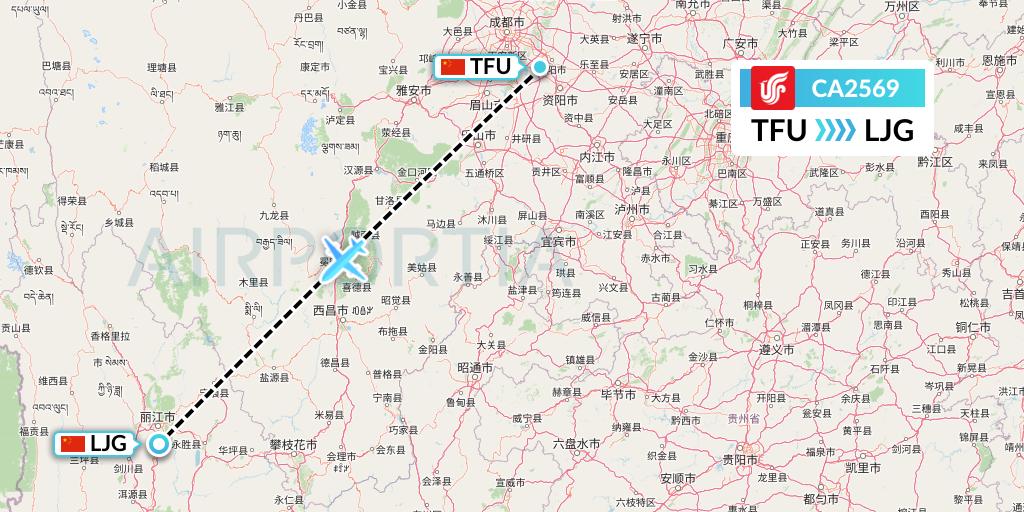 CA2569 Air China Flight Map: Chengdu to Lijiang