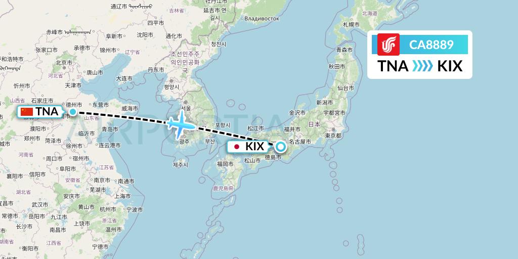 CA8889 Air China Flight Map: Jinan to Osaka