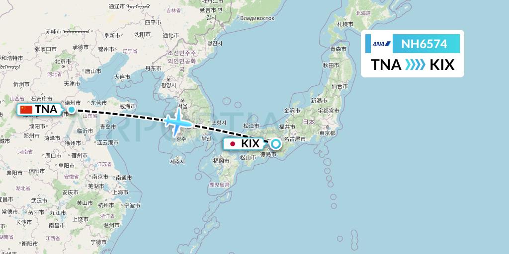 NH6574 All Nippon Airways Flight Map: Jinan to Osaka