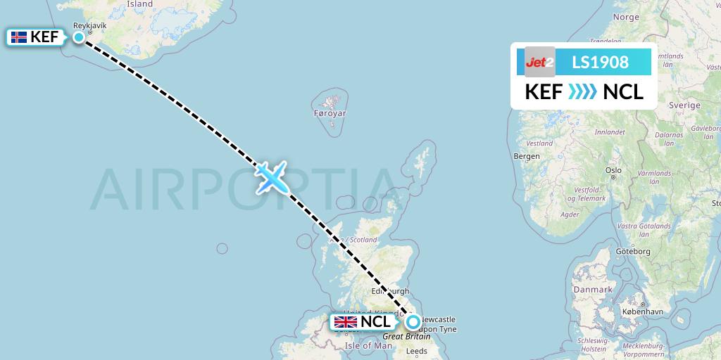 LS1908 Jet2 Flight Map: Reykjavik to Newcastle