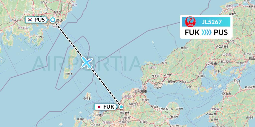 JL5267 Japan Airlines Flight Map: Fukuoka to Busan