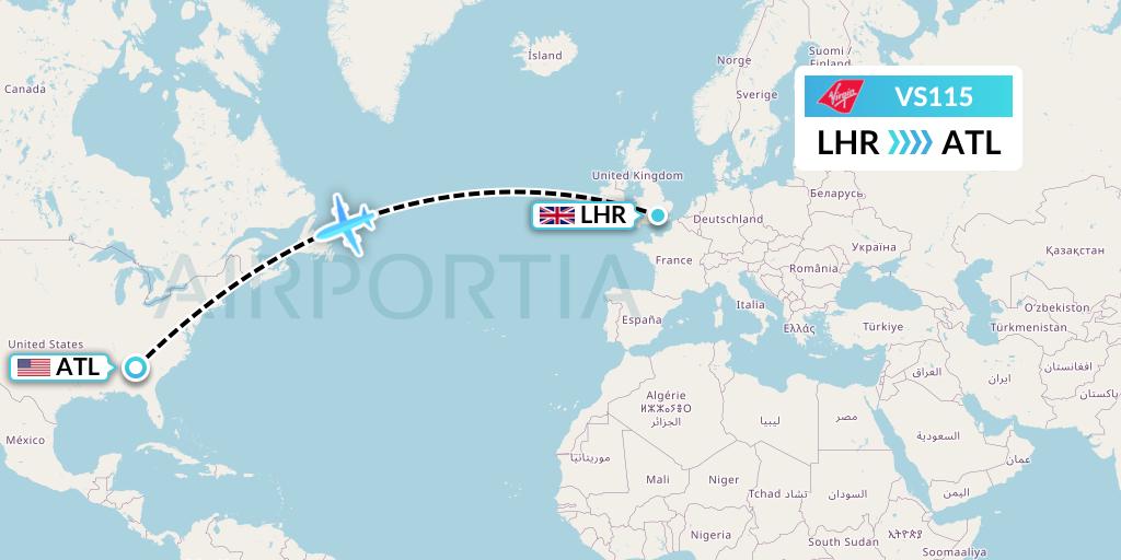 VS115 Virgin Atlantic Airways Flight Map: London to Atlanta