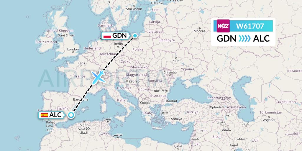 W61707 Wizz Air Flight Map: Gdansk to Alicante