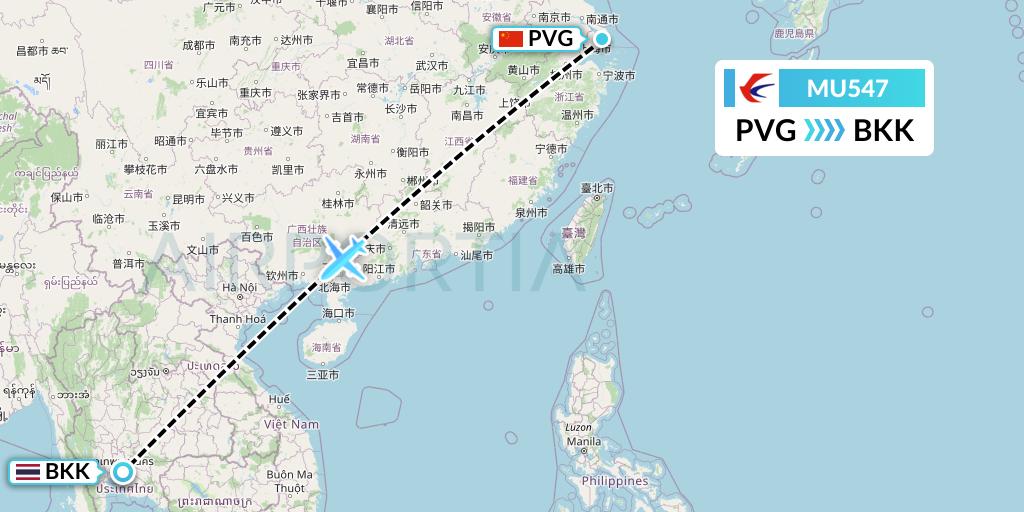 MU547 China Eastern Airlines Flight Map: Shanghai to Bangkok