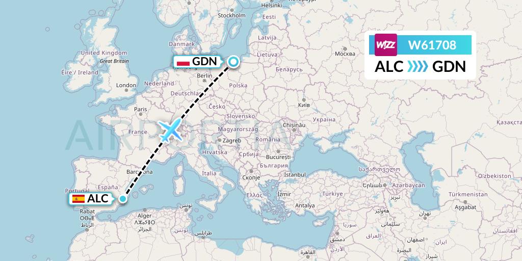W61708 Wizz Air Flight Map: Alicante to Gdansk
