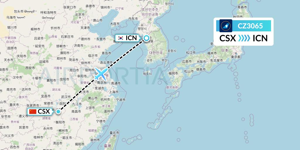 CZ3065 China Southern Airlines Flight Map: Changsha to Seoul