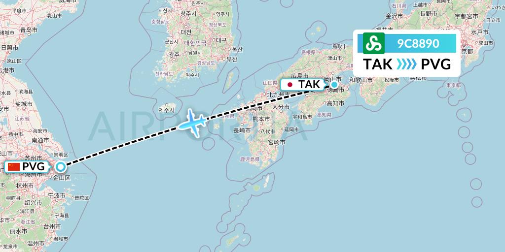 9C8890 Spring Airlines Flight Map: Takamatsu to Shanghai