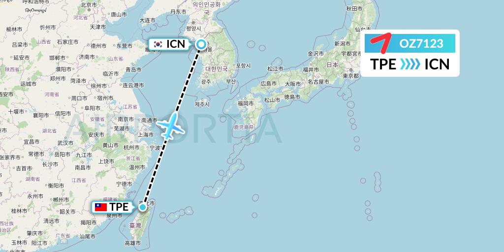 OZ7123 Asiana Airlines Flight Map: Taipei to Seoul