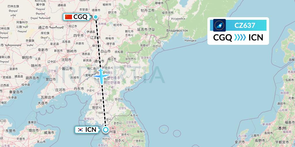 CZ637 China Southern Airlines Flight Map: Changchun to Seoul