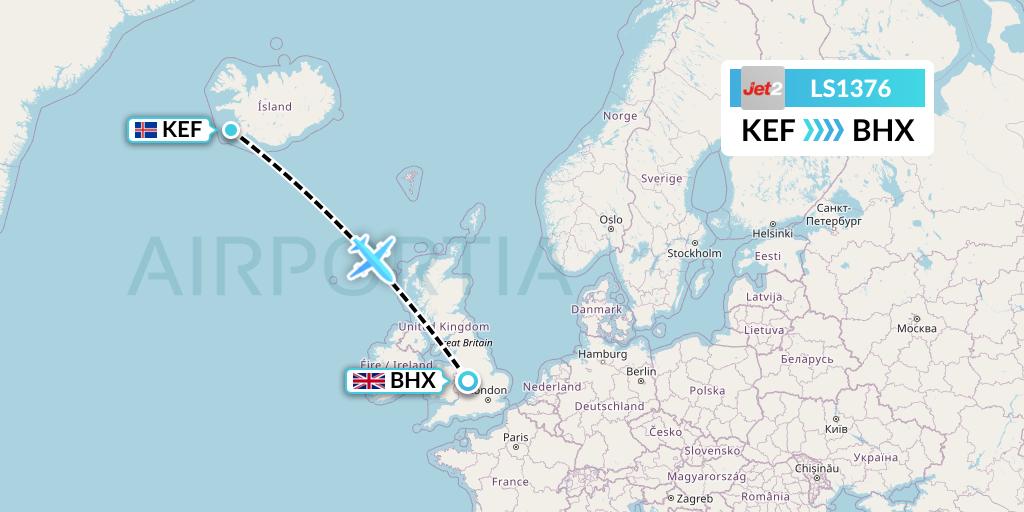 LS1376 Jet2 Flight Map: Reykjavik to Birmingham
