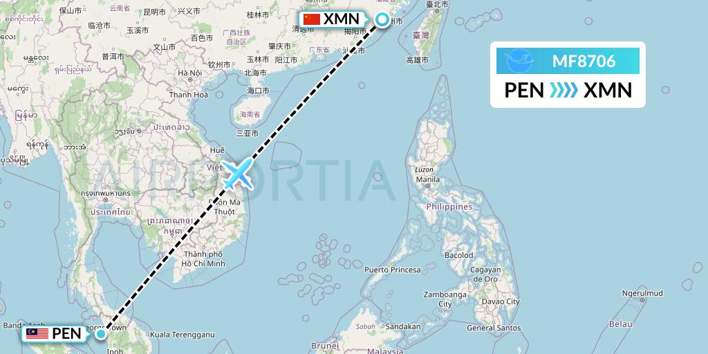 MF8706 Xiamen Airlines Flight Map: Penang to Xiamen