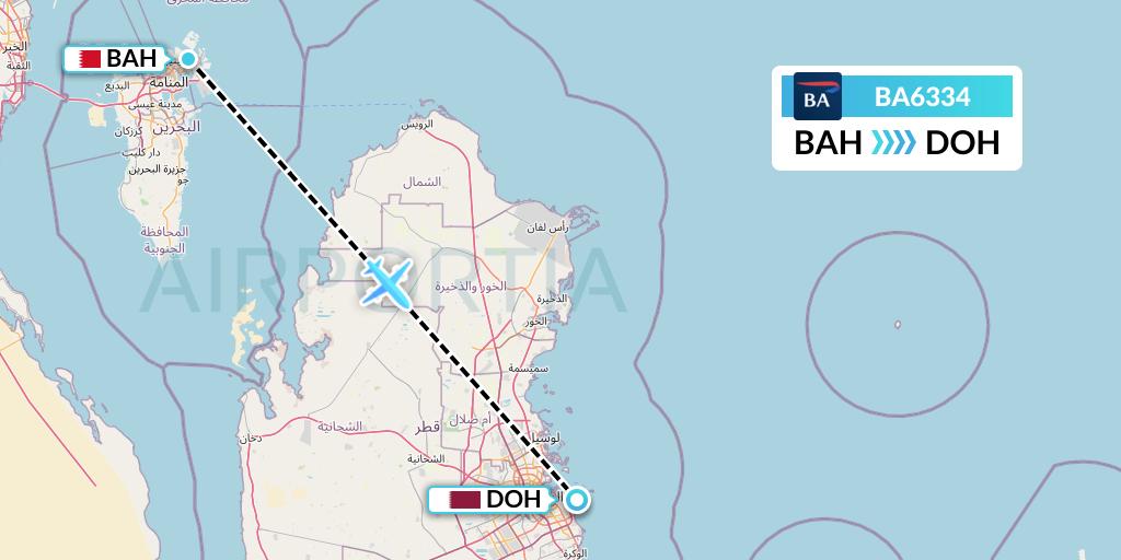 BA6334 British Airways Flight Map: Bahrain to Doha