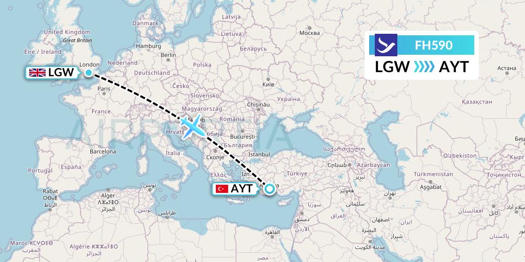 FH590 Freebird Airlines Flight Map: London to Antalya