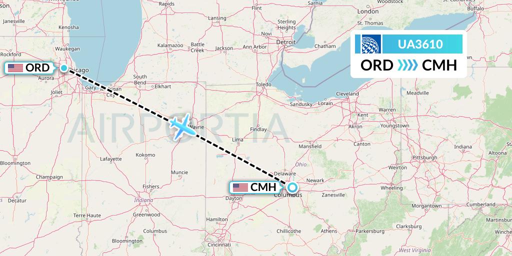 UA3610 United Airlines Flight Map: Chicago to Columbus